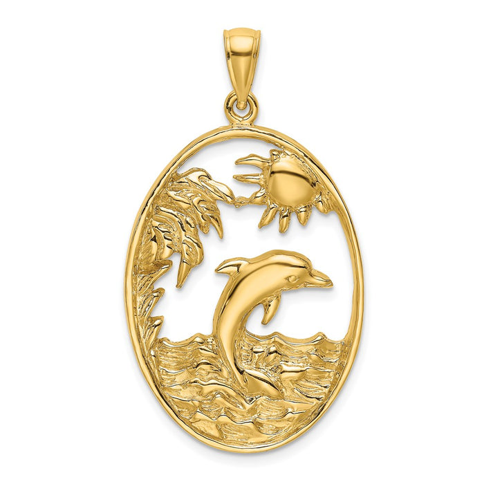 Million Charms 14K Yellow Gold Themed Dolphin Jumping In Ocean Scene Charm