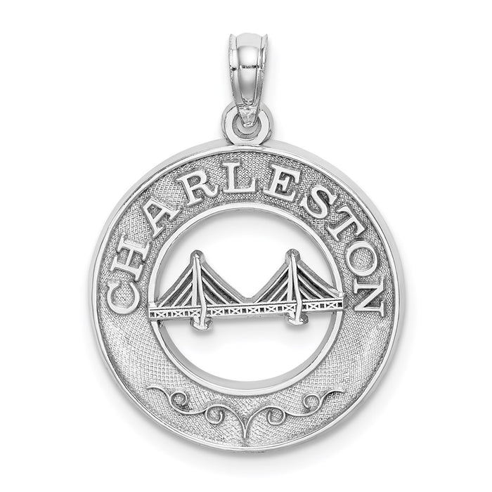 Million Charms 14K White Gold Themed Charleston Round Frame With Bridge Charm