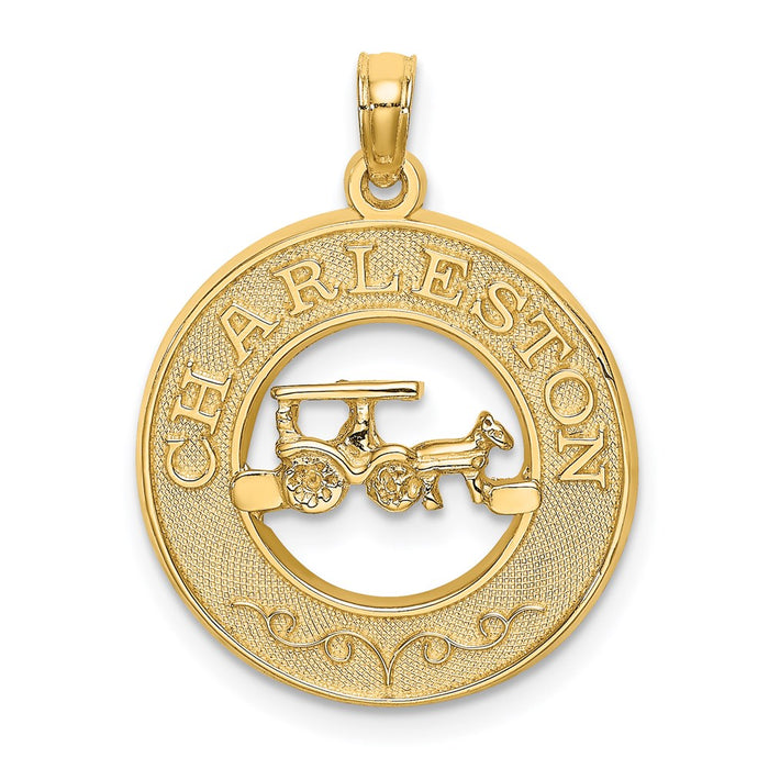 Million Charms 14K Yellow Gold Themed Charleston Round Frame With Horse & Cart Charm