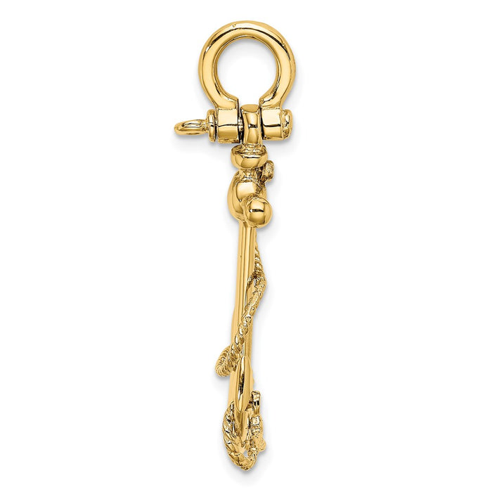 Million Charms 14K Yellow Gold Themed 3-D Small Nautical Anchor With Rope & Shackle Bail Charm