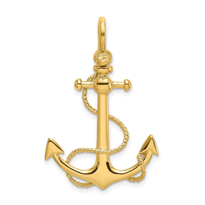 Million Charms 14K Yellow Gold Themed 3-D Small Nautical Anchor With Rope & Shackle Bail Charm