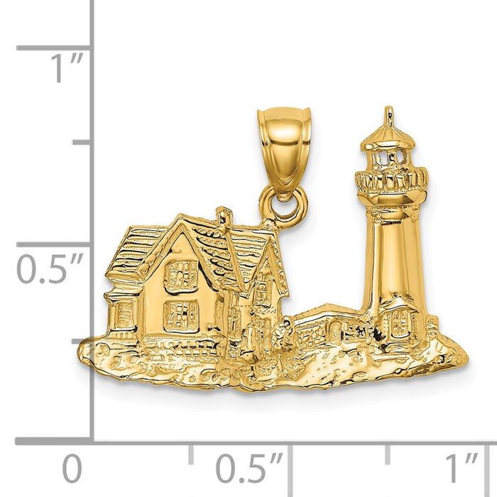 Million Charms 14K Yellow Gold Themed 2-D Nubble Lighthouse Charm