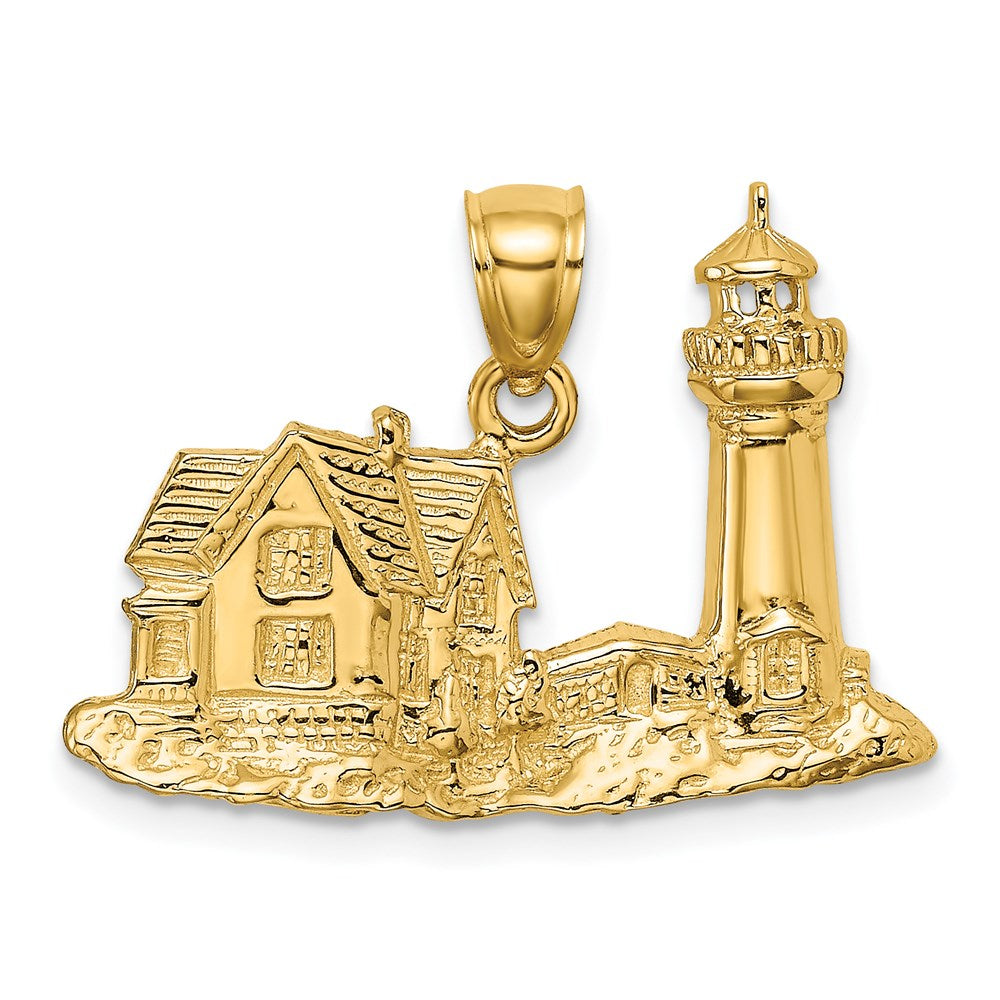 Million Charms 14K Yellow Gold Themed 2-D Nubble Lighthouse Charm