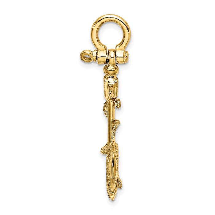 Million Charms 14K Yellow Gold Themed 3-D Textured Nautical Anchor With Rope & Shackle Bail Charm