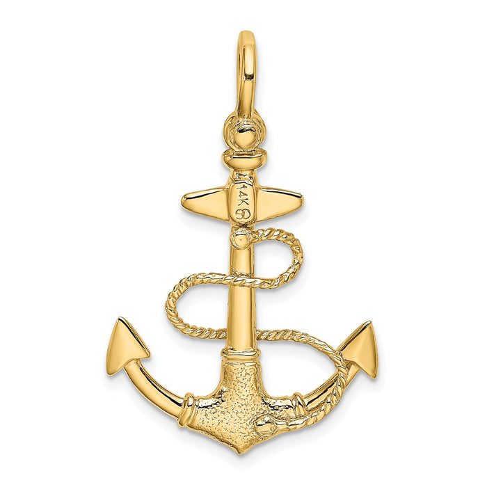 Million Charms 14K Yellow Gold Themed 3-D Textured Nautical Anchor With Rope & Shackle Bail Charm