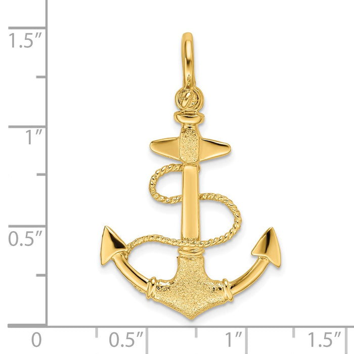 Million Charms 14K Yellow Gold Themed 3-D Textured Nautical Anchor With Rope & Shackle Bail Charm