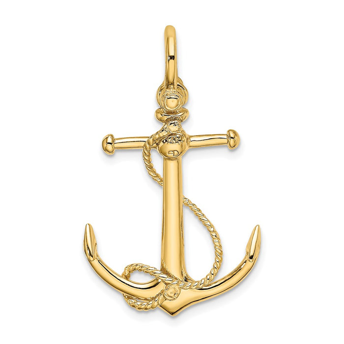 Million Charms 14K Yellow Gold Themed 3-D Nautical Anchor With Long T Bar & Shackle Bail Charm