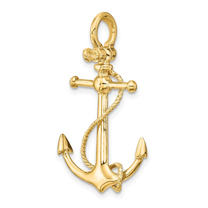 Million Charms 14K Yellow Gold Themed 3-D Nautical Anchor With Long T Bar & Shackle Bail Charm