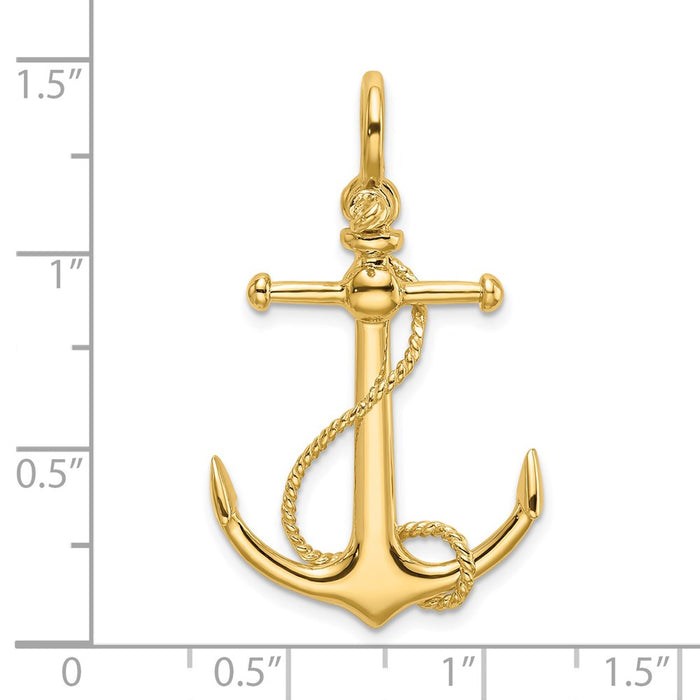 Million Charms 14K Yellow Gold Themed 3-D Nautical Anchor With Long T Bar & Shackle Bail Charm