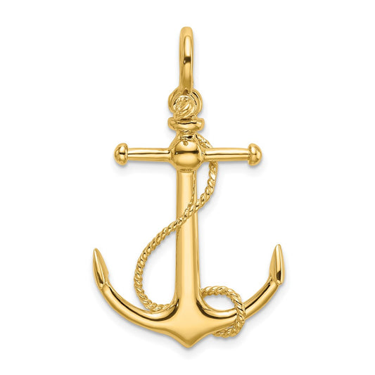 Million Charms 14K Yellow Gold Themed 3-D Nautical Anchor With Long T Bar & Shackle Bail Charm
