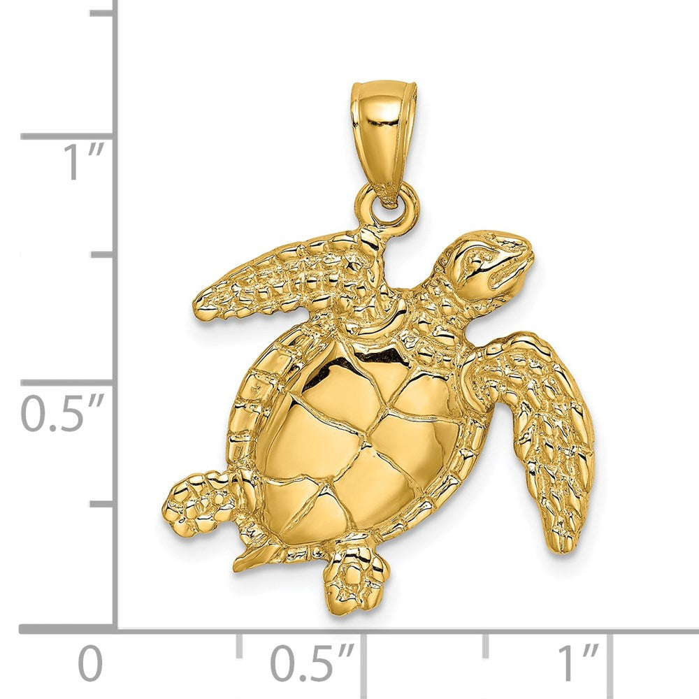 Million Charms 14K Yellow Gold Themed 2-D Sea Turtle Swimming Charm