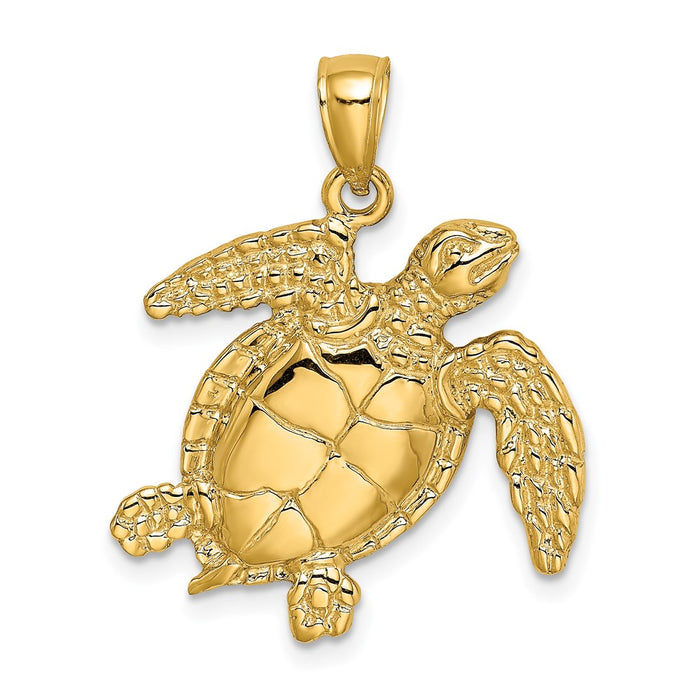 Million Charms 14K Yellow Gold Themed 2-D Sea Turtle Swimming Charm