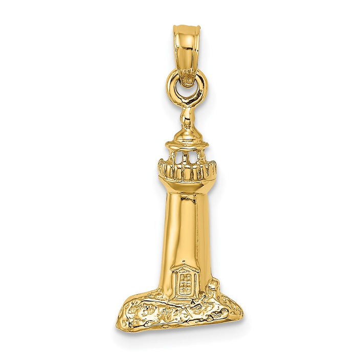 Million Charms 14K Yellow Gold Themed 2-D Polished & Textured Lighthouse Charm