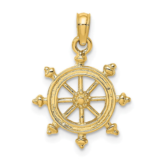 Million Charms 14K Yellow Gold Themed 2-D Engraved Ship Wheel Charm