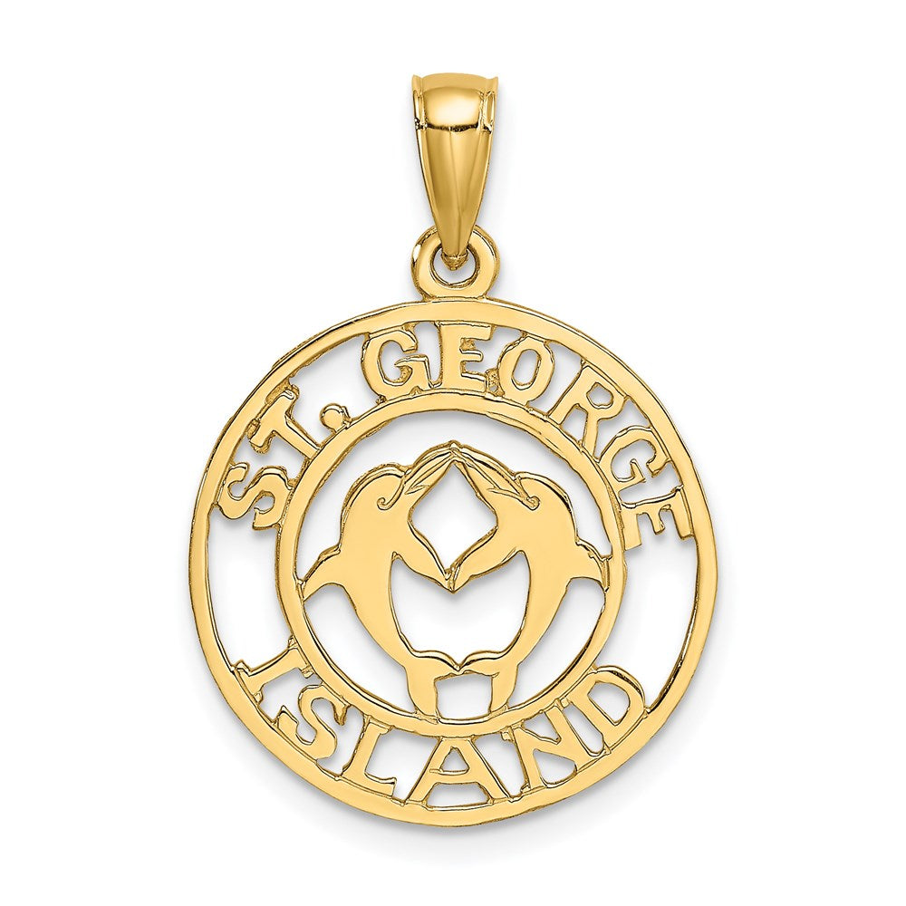 Million Charms 14K Yellow Gold Themed Religious Saint George Island Disk With Dolphins Charm