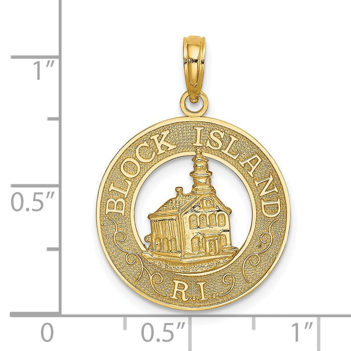 Million Charms 14K Yellow Gold Themed Block Island, Ri Round Frame With Lighthouse Charm