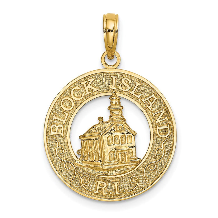 Million Charms 14K Yellow Gold Themed Block Island, Ri Round Frame With Lighthouse Charm