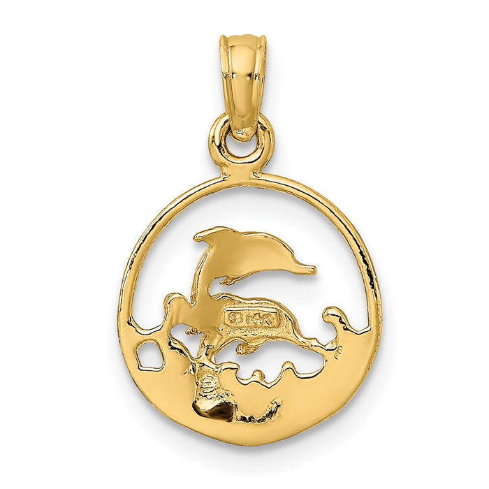 Million Charms 14K Yellow Gold Themed Two Dolphins In Circle Charm