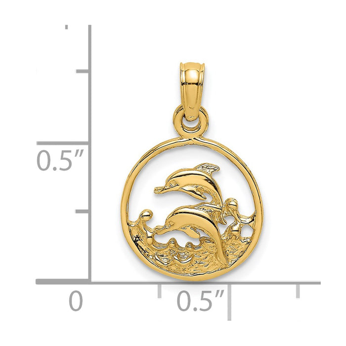 Million Charms 14K Yellow Gold Themed Two Dolphins In Circle Charm