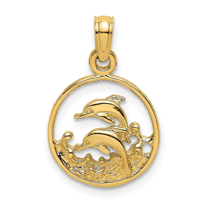 Million Charms 14K Yellow Gold Themed Two Dolphins In Circle Charm