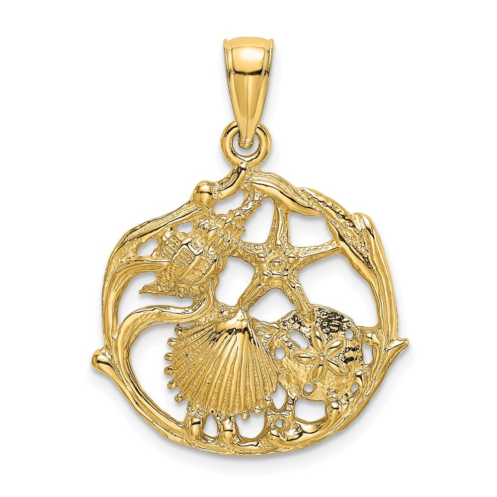 Million Charms 14K Yellow Gold Themed 2-D Shell Cluster In Circle Charm