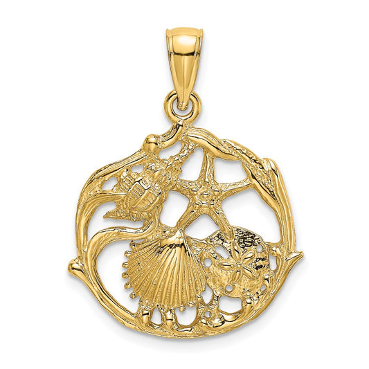 Million Charms 14K Yellow Gold Themed 2-D Shell Cluster In Circle Charm