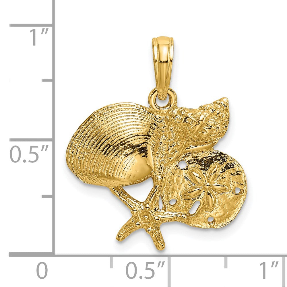 Million Charms 14K Yellow Gold Themed Polished 2-D Shell/Starfish/Sand Dollar Cluster Charm