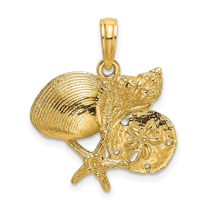 Million Charms 14K Yellow Gold Themed Polished 2-D Shell/Starfish/Sand Dollar Cluster Charm