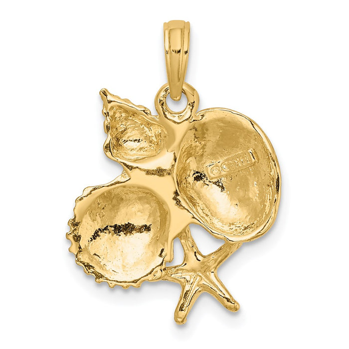 Million Charms 14K Yellow Gold Themed 2-D & Textured Shell Cluster With Nautical Starfish Charm