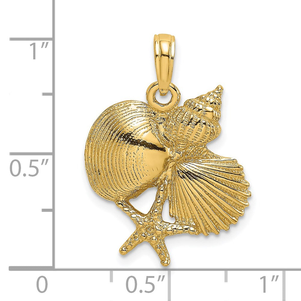 Million Charms 14K Yellow Gold Themed 2-D & Textured Shell Cluster With Nautical Starfish Charm