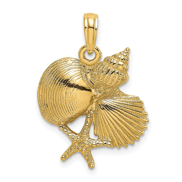 Million Charms 14K Yellow Gold Themed 2-D & Textured Shell Cluster With Nautical Starfish Charm