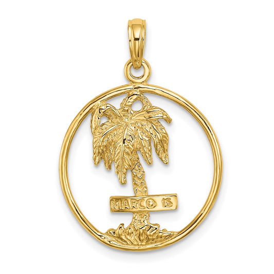 Million Charms 14K Yellow Gold Themed 2-D Marco Island Palm Tree In Round Frame Charm