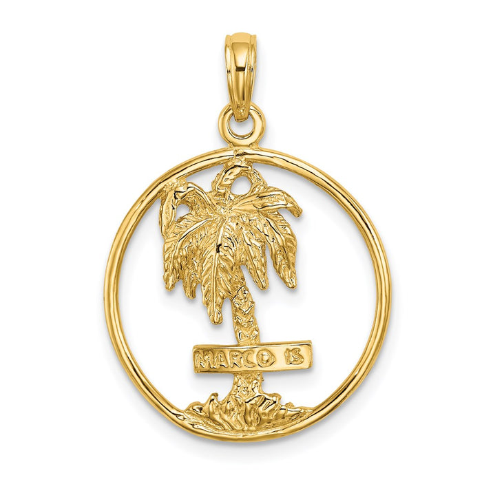 Million Charms 14K Yellow Gold Themed 2-D Marco Island Palm Tree In Round Frame Charm