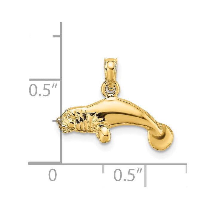 Million Charms 14K Yellow Gold Themed 3-D Polished Swimming Manatee Charm