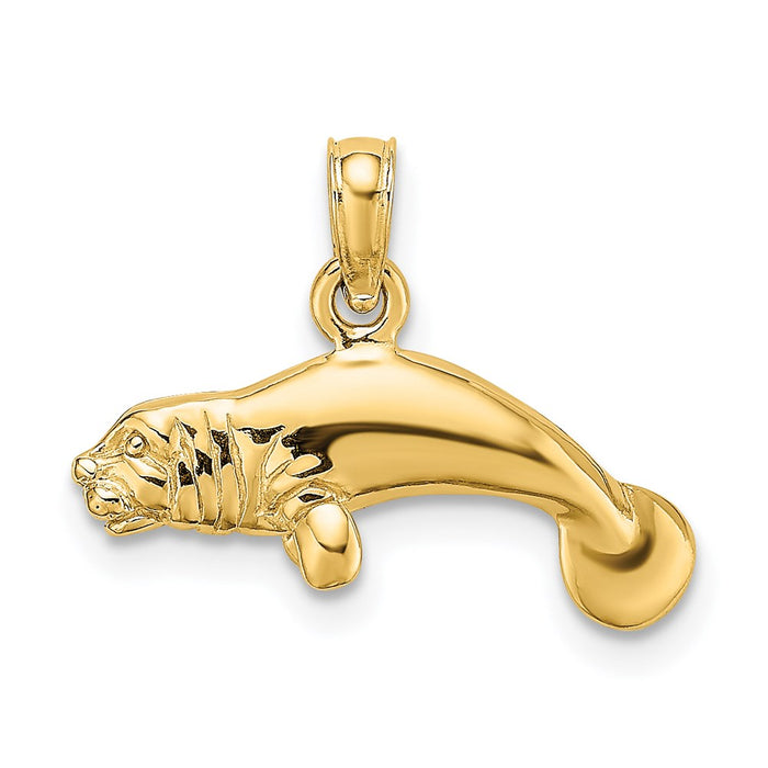 Million Charms 14K Yellow Gold Themed 3-D Polished Swimming Manatee Charm