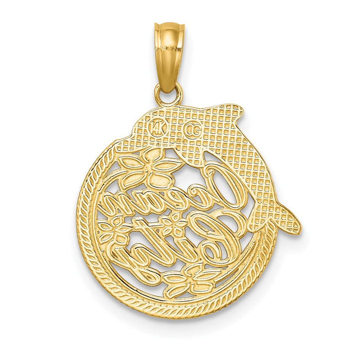 Million Charms 14K Yellow Gold Themed Polished Ocean City Disk With Dolphin Charm