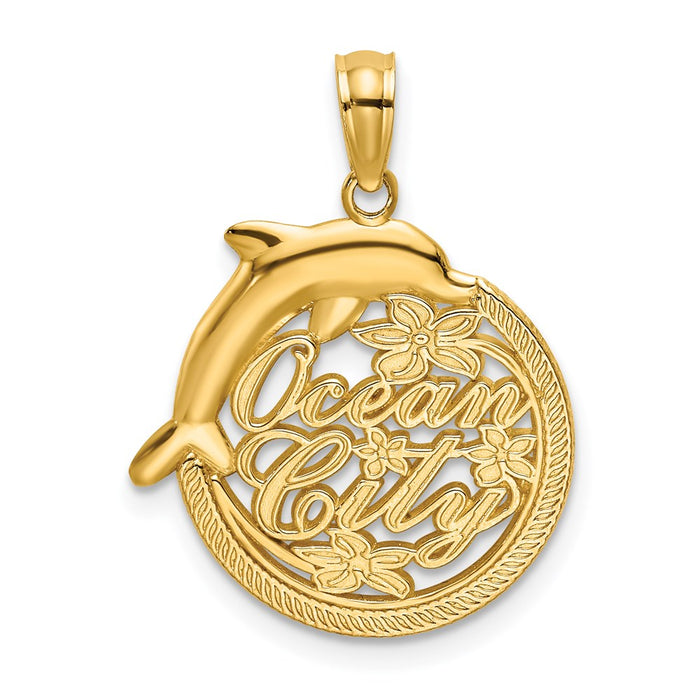 Million Charms 14K Yellow Gold Themed Polished Ocean City Disk With Dolphin Charm