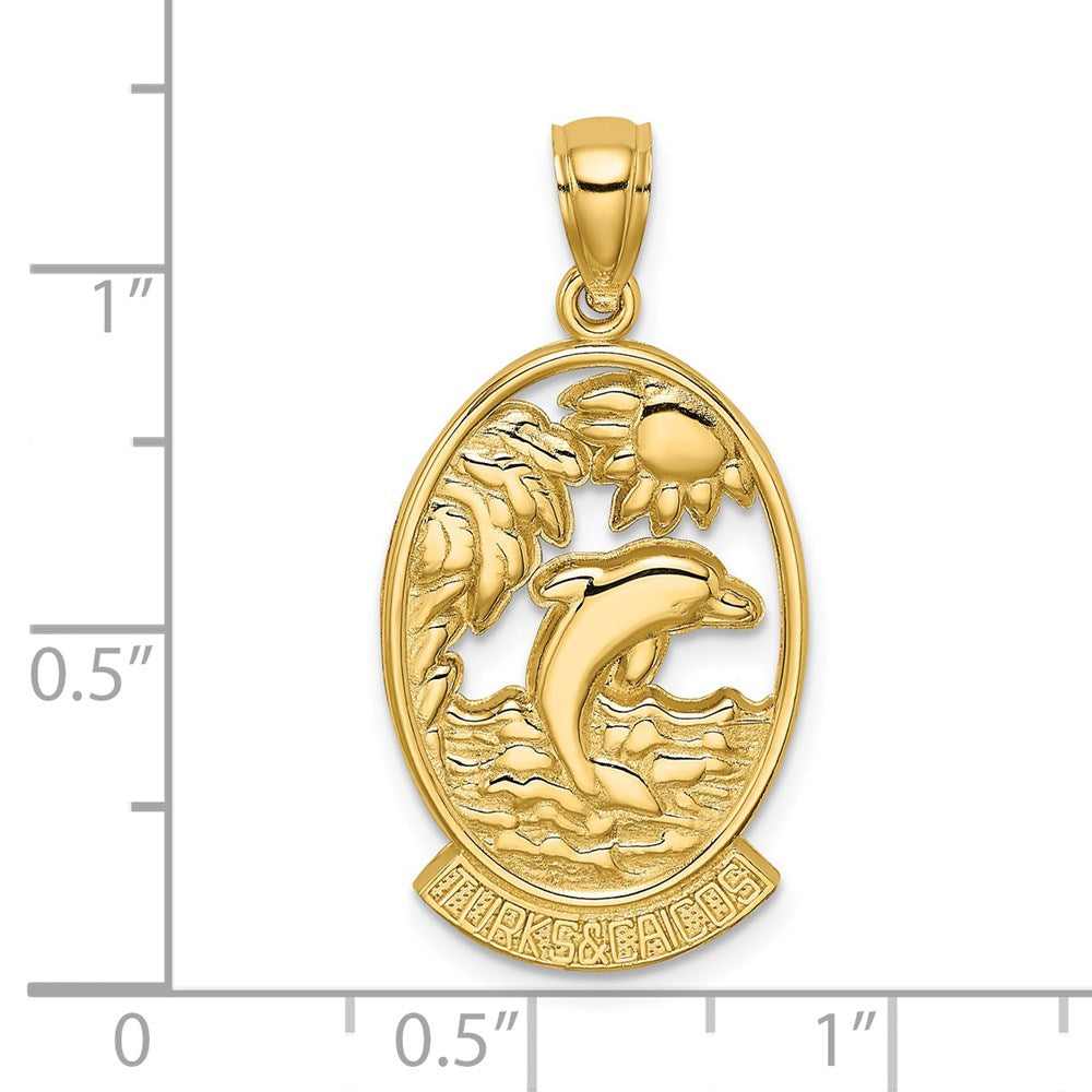 Million Charms 14K Yellow Gold Themed Turks & Caicos With Dolphin & Sunset In Frame Charm