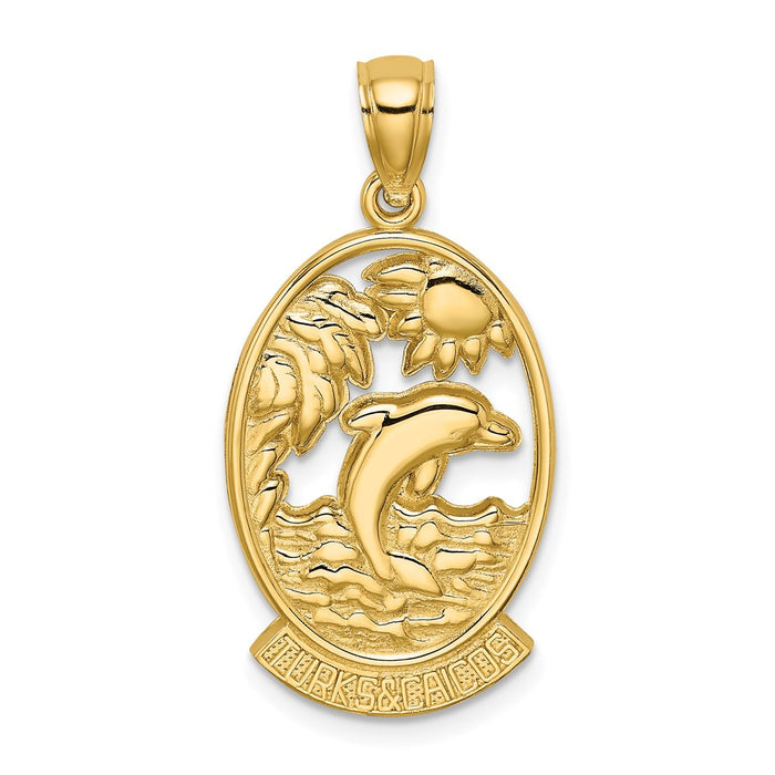 Million Charms 14K Yellow Gold Themed Turks & Caicos With Dolphin & Sunset In Frame Charm