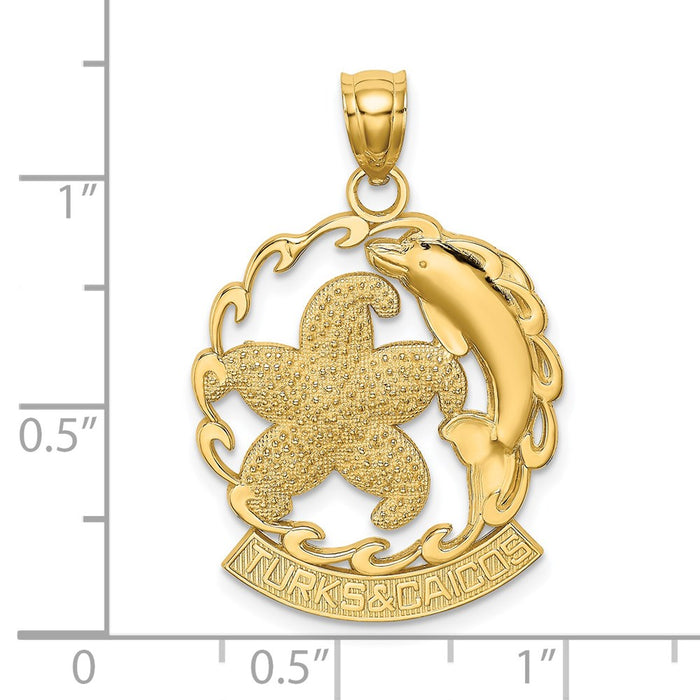 Million Charms 14K Yellow Gold Themed Turks & Caicos Under Nautical Starfish & Dolphin In Wave Charm