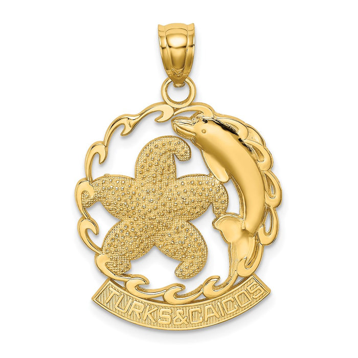 Million Charms 14K Yellow Gold Themed Turks & Caicos Under Nautical Starfish & Dolphin In Wave Charm