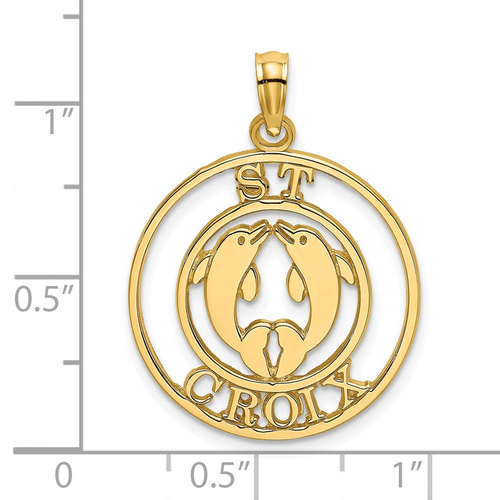 Million Charms 14K Yellow Gold Themed Religious Saint Croix With Two Dolphins In Circle Charm