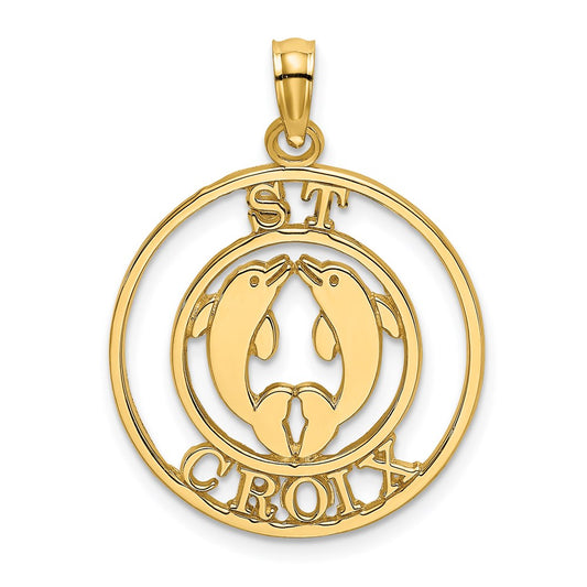 Million Charms 14K Yellow Gold Themed Religious Saint Croix With Two Dolphins In Circle Charm