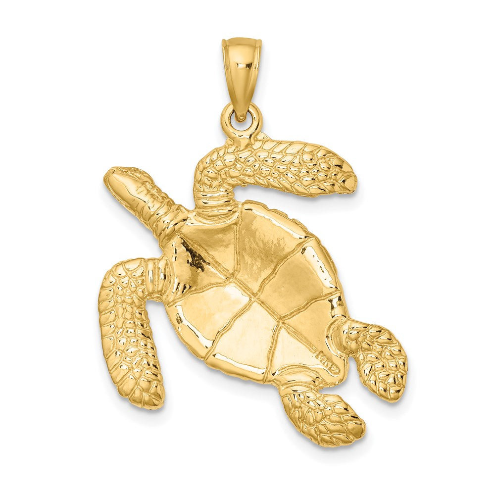 Million Charms 14K Yellow Gold Themed Large Textured Swimming Sea Turtle Charm