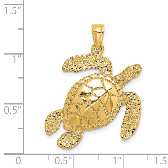Million Charms 14K Yellow Gold Themed Large Textured Swimming Sea Turtle Charm