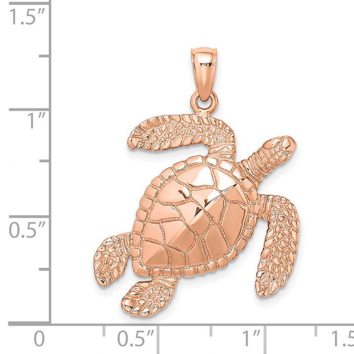 Million Charms 14K Rose Gold Themed Large Textured Swimming Sea Turtle Charm