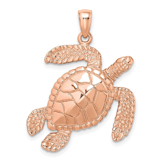 Million Charms 14K Rose Gold Themed Large Textured Swimming Sea Turtle Charm