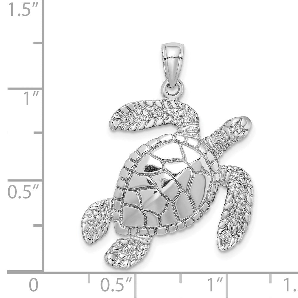 Million Charms 14K White Gold Themed Large Textured Swimming Sea Turtle Charm