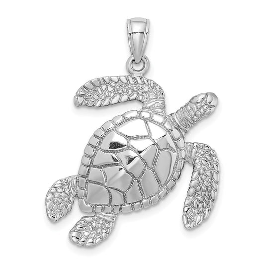 Million Charms 14K White Gold Themed Large Textured Swimming Sea Turtle Charm