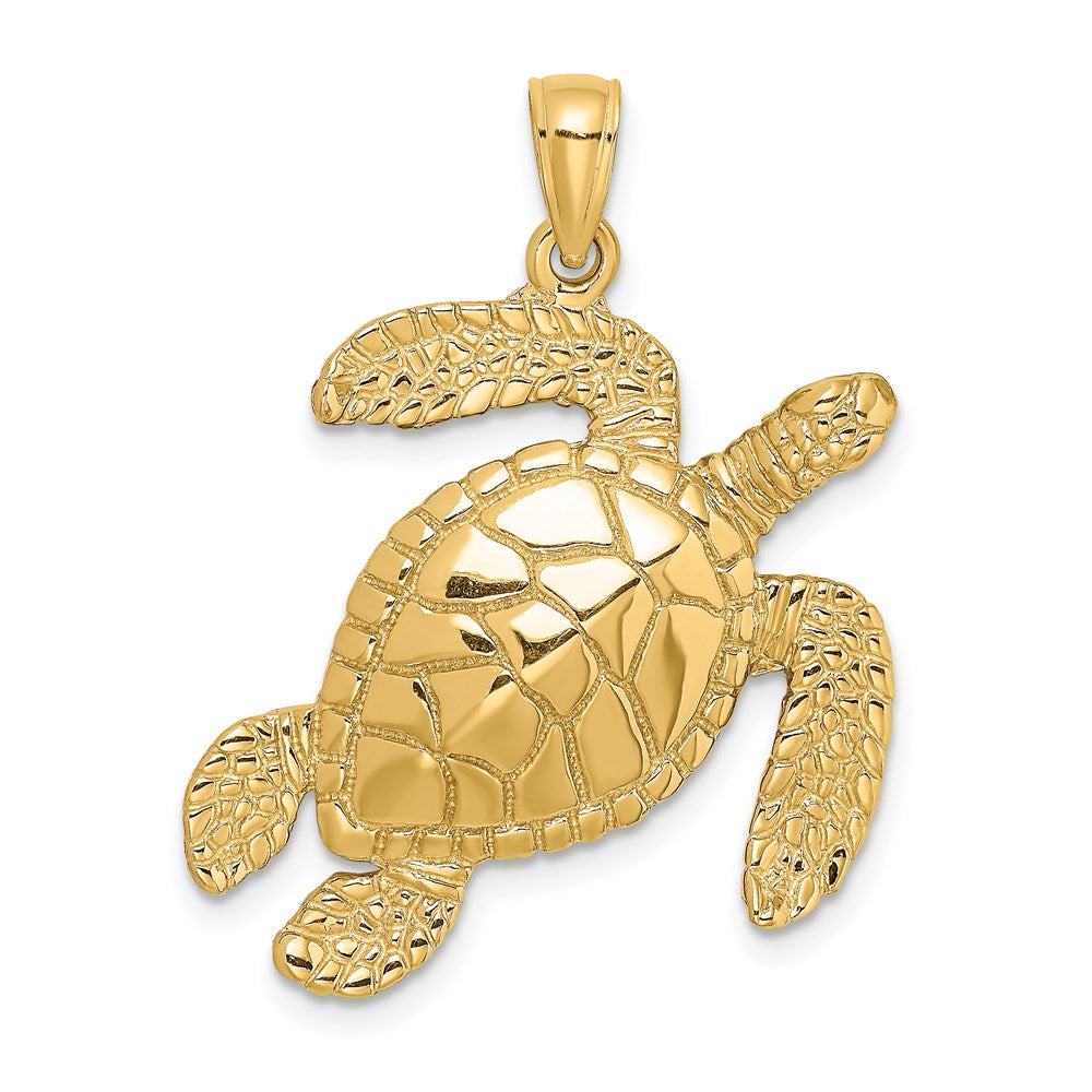 Million Charms 14K Yellow Gold Themed Large Textured Swimming Sea Turtle Charm